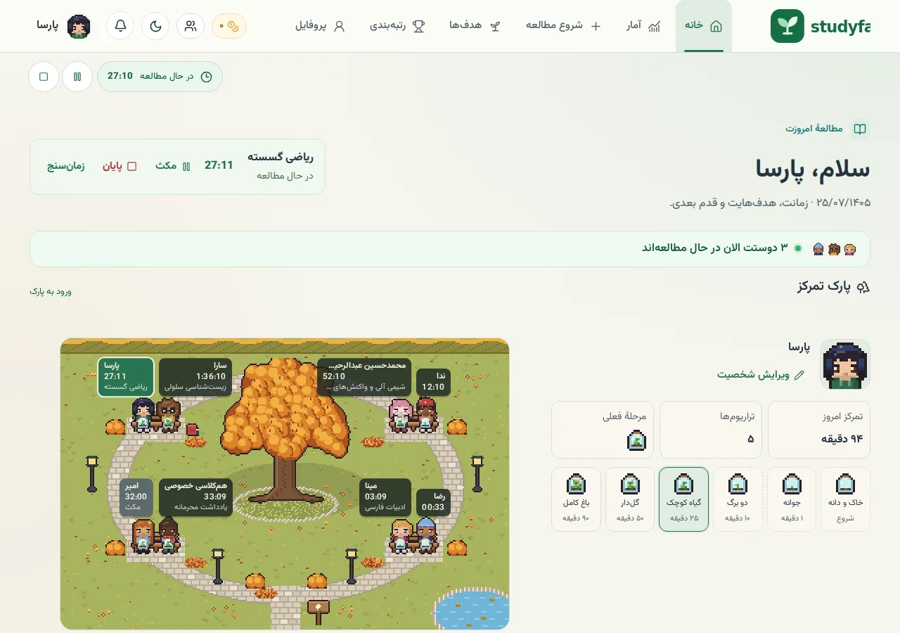داشبورد استادیفا با خلاصهٔ زمان مطالعهٔ امروز و روند هفتگی